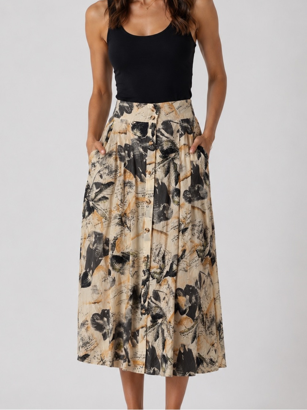Sunny Leigh Vintage 100% Silk Print Button-Front Midi Skirt